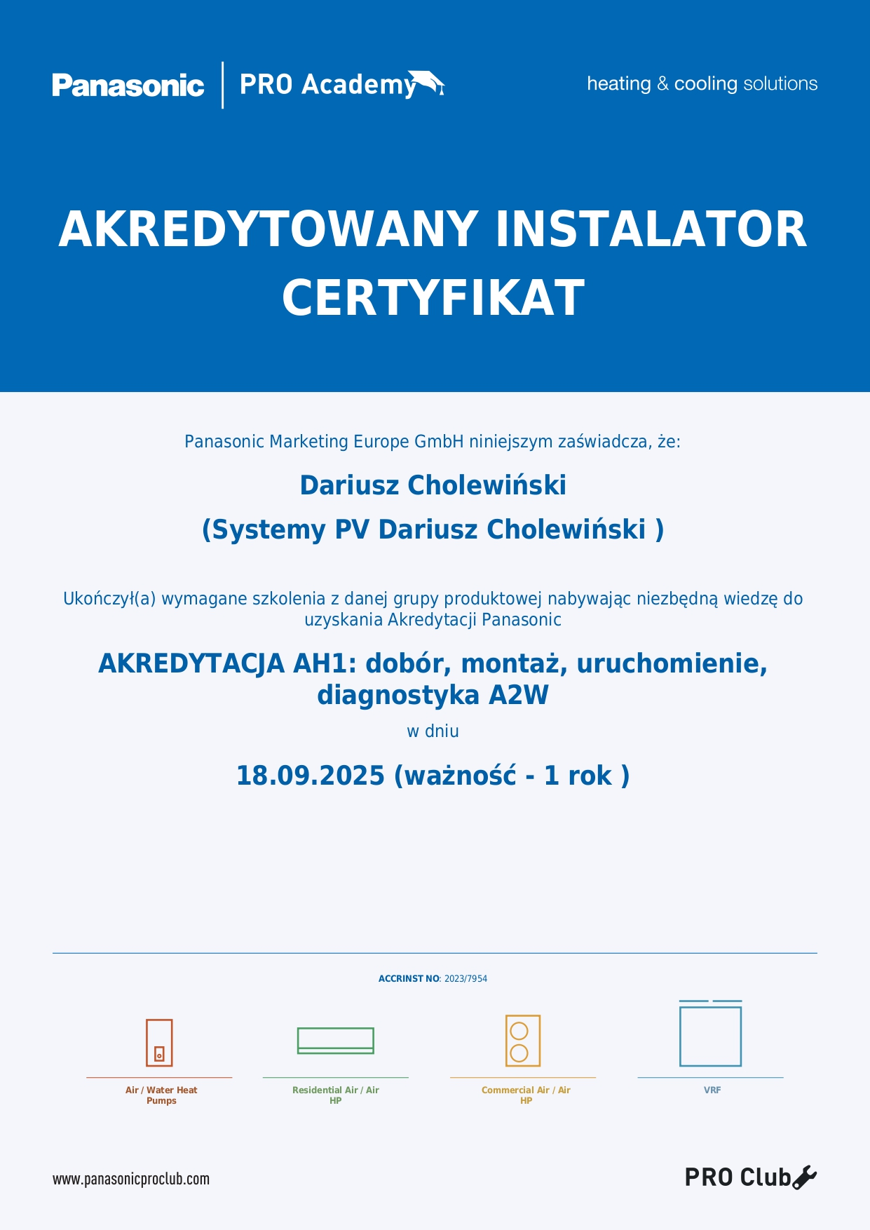 Certyfikat dla firmy fotowoltaicznej